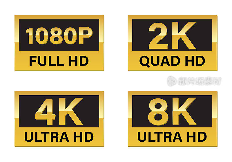 集视频尺寸SD, HD, FHD, 4K, 6K, 8K。集视频分辨率隔离在白色背景。向量的股票